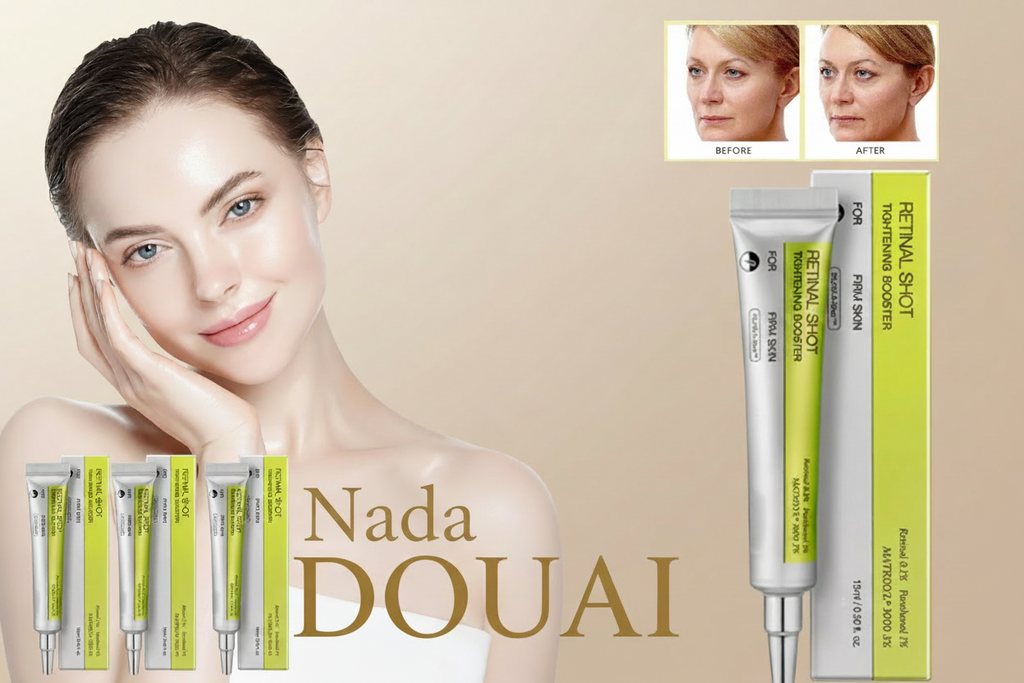 DOUAI skincare product with before and after effects on a woman's face.